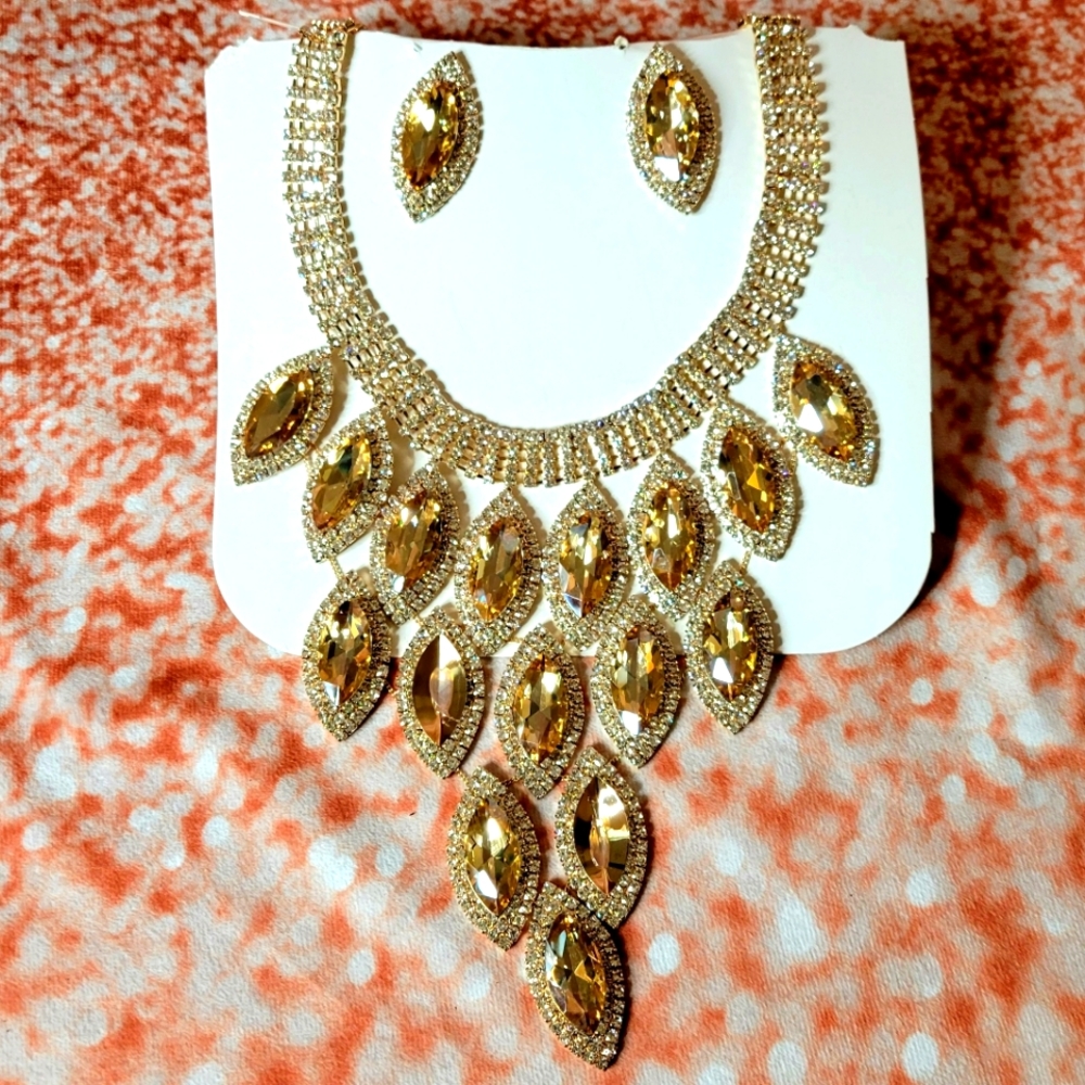 Rose Gold Plated Crystal CZ Necklace Pendant Earrings Wedding,Prom,Jewelry Set.